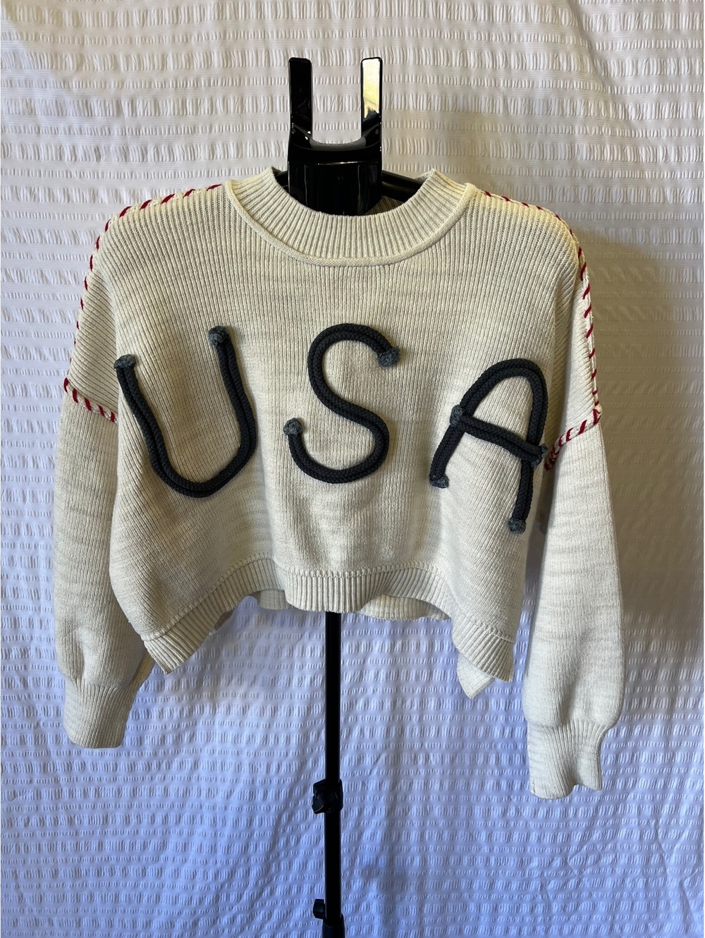 MIOU MUSE Rope USA Knit Sweater Off White Cream Red Whipstitch Size S Oversized